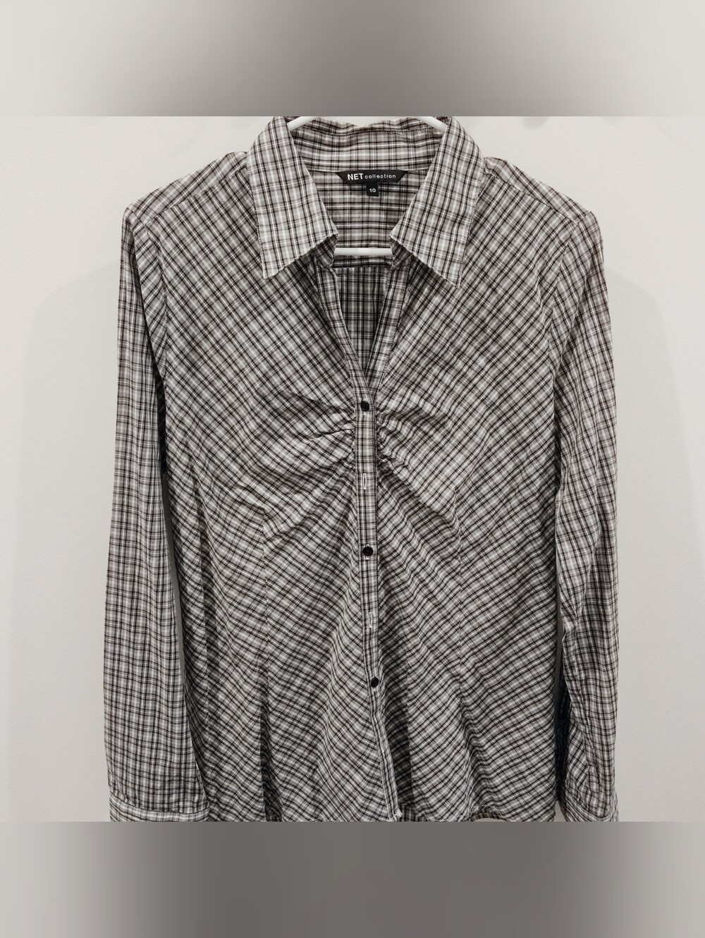 Women's Black & White Plaid Long-Sleeve Ruched Front Shirt Office Shirt